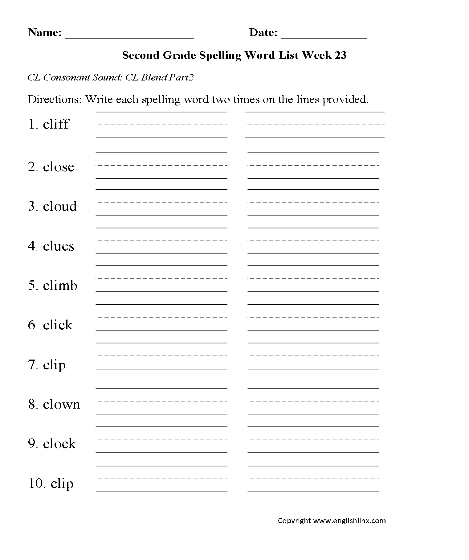 Week 23 CL Consonant Blend 2 Second Grade Spelling Words Worksheets